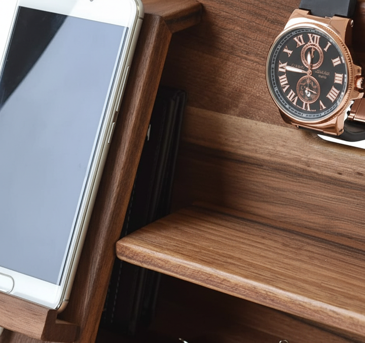 Moderne bruine houten bureau organizer op een georganiseerde werkplek, ideaal voor het opbergen van bureau accessoires.