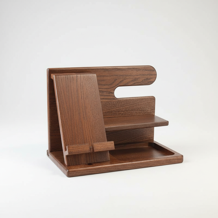 Multifunctionele houten bureau organizer voor efficiënt opbergen van kantoorbenodigdheden en als handige telefoonstandaard.