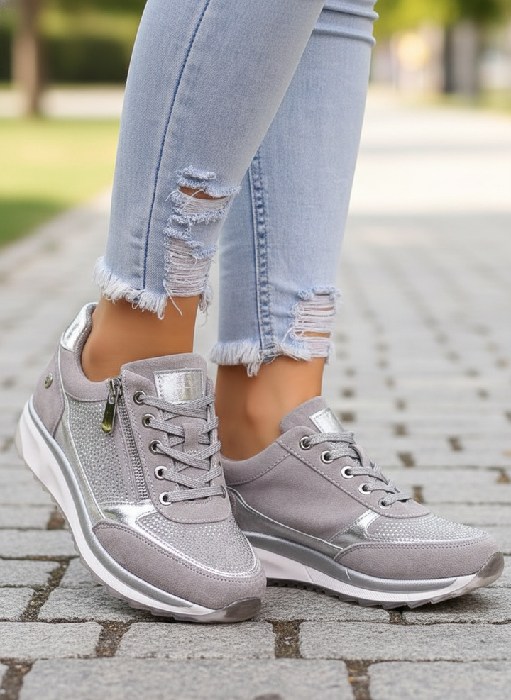 Grijze orthopedische dames sneakers voor optimaal comfort en dagelijks gebruik, met vetersluiting.