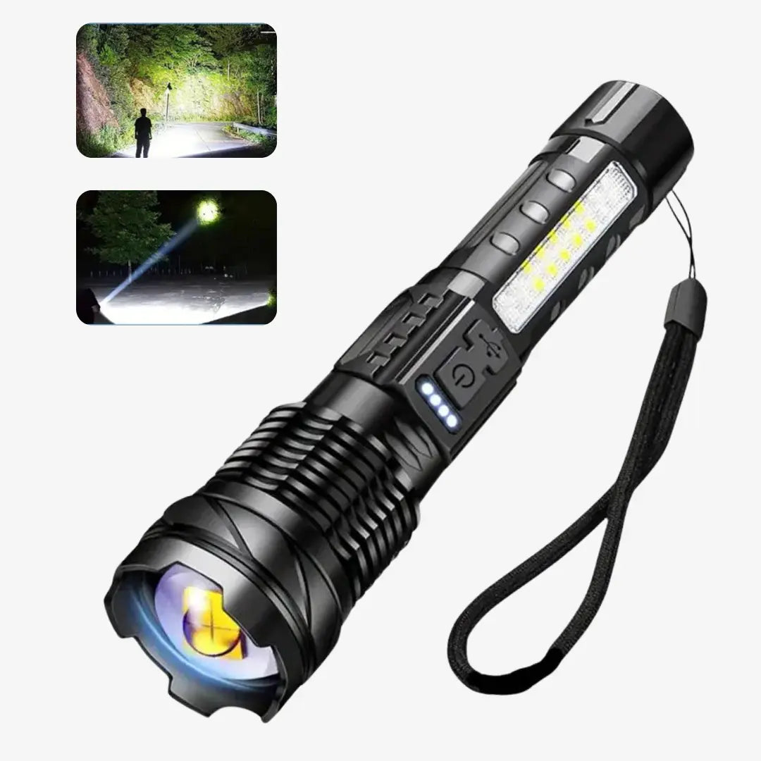 Robuuste tactische LED zaklamp, 5000 lumen, USB oplaadbaar, ideaal voor outdoor, kamperen en noodverlichting.