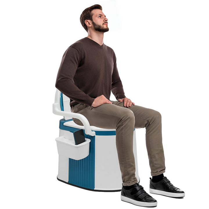 Draagbaar toilet met rugleuning voor volwassenen en ouderen. Ideaal als mobiele commode, camping- of noodtoilet.