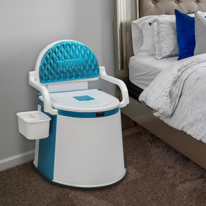 Mobiele commode met stevige rugleuning voor extra comfort en ondersteuning, geschikt voor volwassenen.