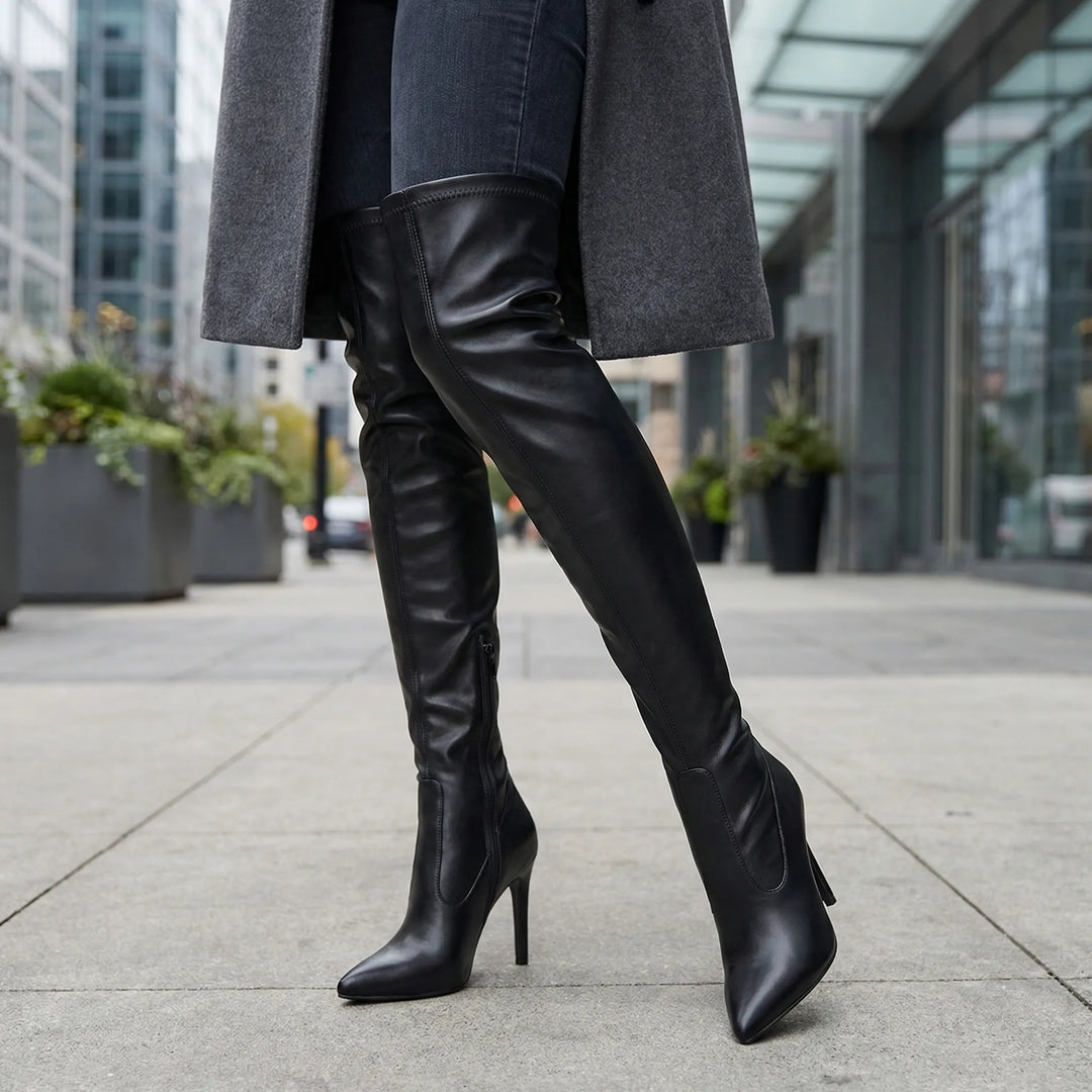 Elegante zwarte dames overknee laarzen 'Sandra' met spitse neus en dunne stilettohak, perfect voor avondmode.