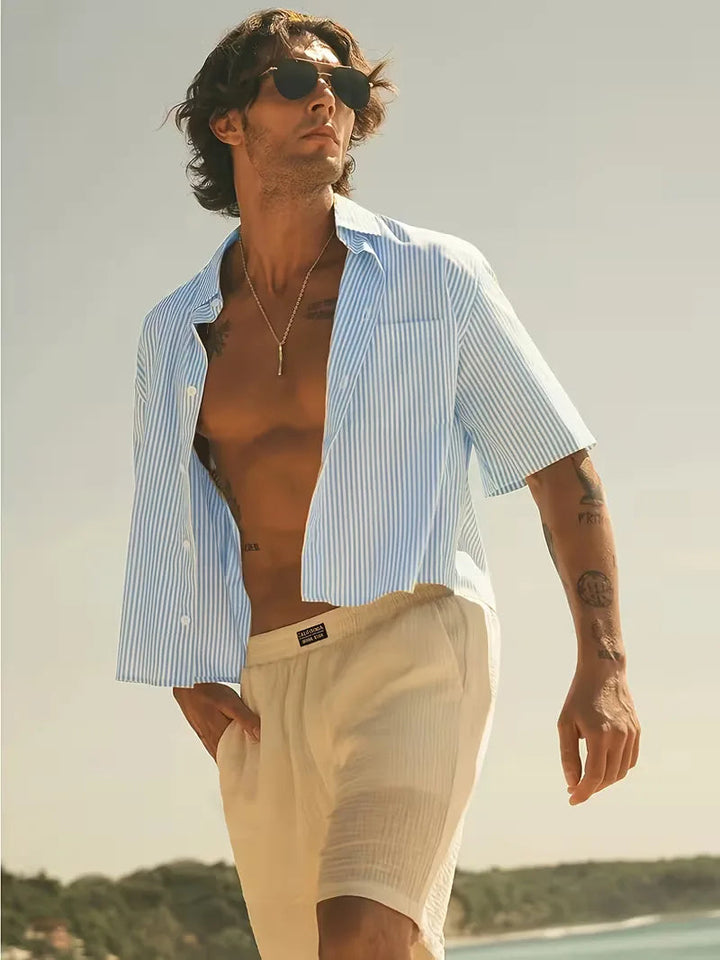 Casual gestreept herenoverhemd korte mouw, lichtblauw, ademend en perfect voor warme zomerdagen.