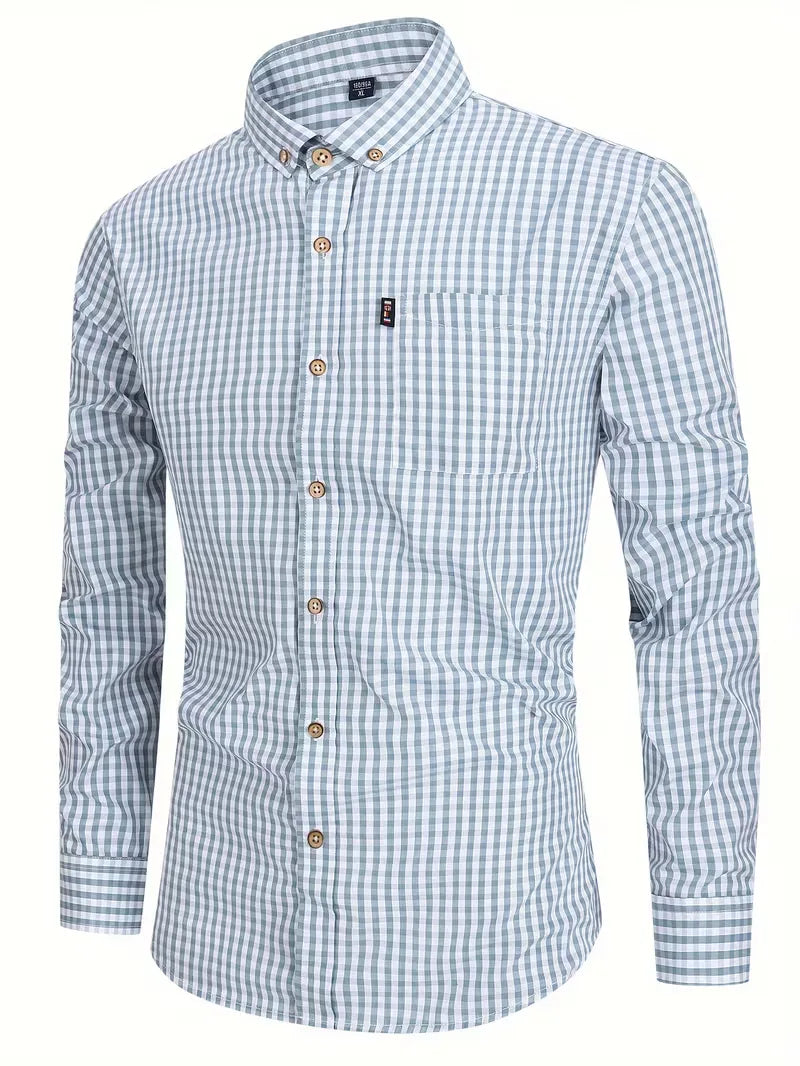 Heren geruit overhemd met lange mouwen en borstzak, slim fit. Perfect voor lente/zomer casual look.