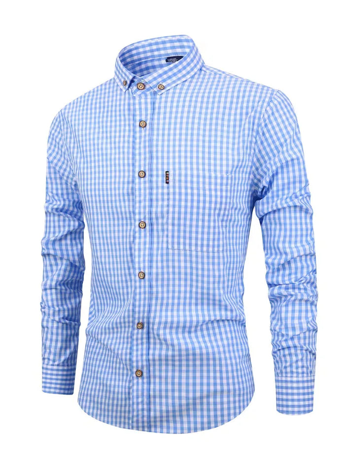 Detail: Borstzak op geruit herenoverhemd met lange mouwen. Stijlvolle slim fit en comfortabel.