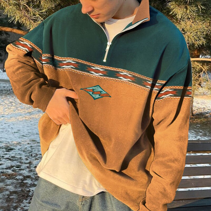 Heren oversized fleece trui met rits en trendy geometrisch patroon. Perfect voor casual streetwear in herfst/winter.