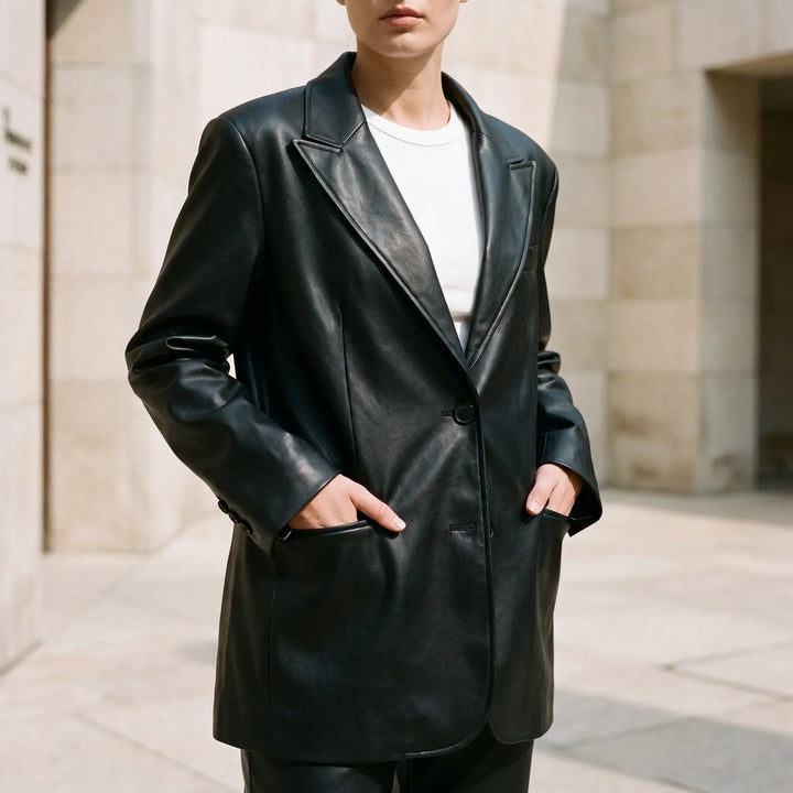 Chique oversized damesblazer met enkele rij knopen. Trendy kledingstuk voor modebewuste vrouwen in zwart of bruin.