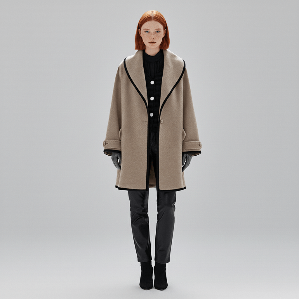 Modieuze najaarsmantel Stephanie: een warme, oversized damesjas met chique brede revers.