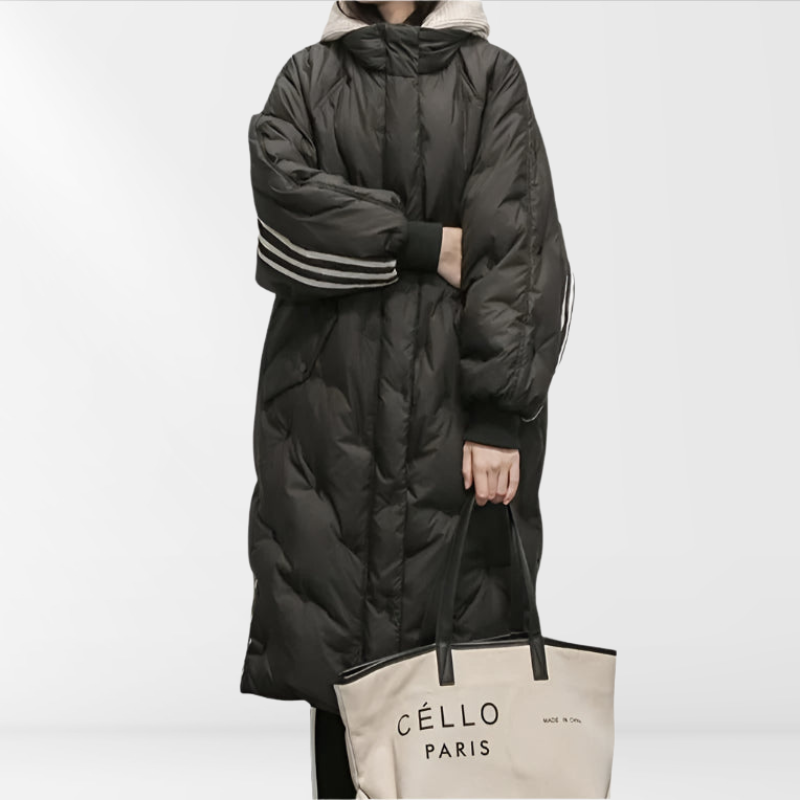 Dames oversized gewatteerde jas Kimberly, warm en stijlvol, met capuchon, perfect voor winter en casual look.