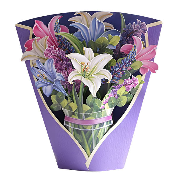 Kleurrijk 3D bloemenboeket met kaart, ideaal als blijvend cadeau voor Moederdag, verjaardag of als woondecoratie.