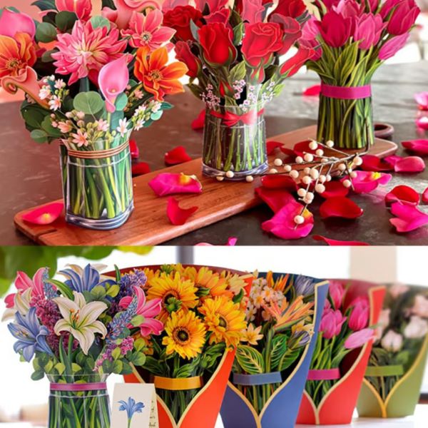 Speciaal 3D bloemenboeket en wenskaart, een origineel en blijvend Moederdag of verjaardagscadeau.