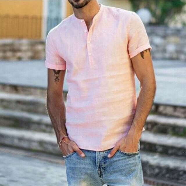 Roze heren linnen shirt korte mouw. Stijlvol en ademend zomershirt, comfortabel voor de zomerse dagen.