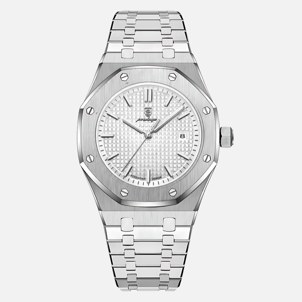 Elegant roestvrij stalen herenhorloge om de pols, perfecte klassieke accessoire voor elke man. Waterbestendig.