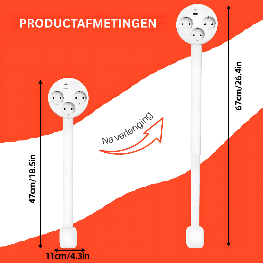 Slimme uitschuifbare wandadapter met USB-oplader (C/A) voor veilig opladen en meer gemak in huis.