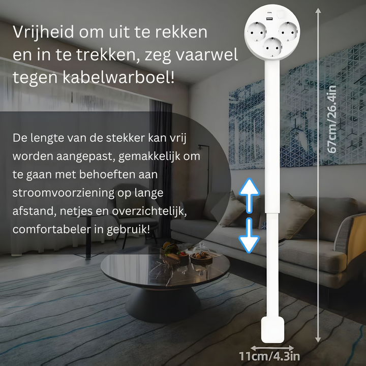 Moderne uitschuifbare stopcontactdoos, een ruimtebesparende stroomoplossing met USB-C en USB-A poorten.
