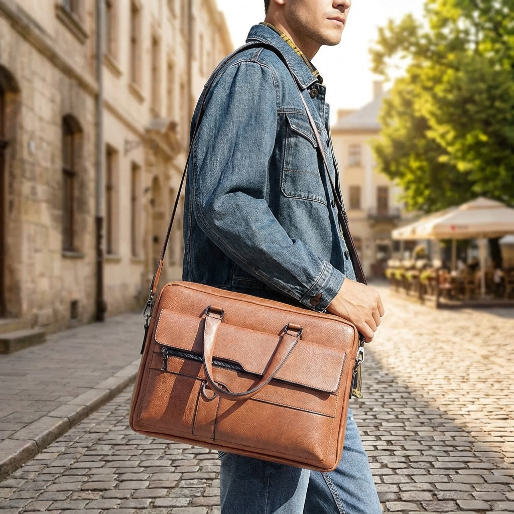 Stijlvolle bruine PU lederen laptoptas (MetroBrief) met afneembare schouderband, perfect voor zakelijk gebruik.