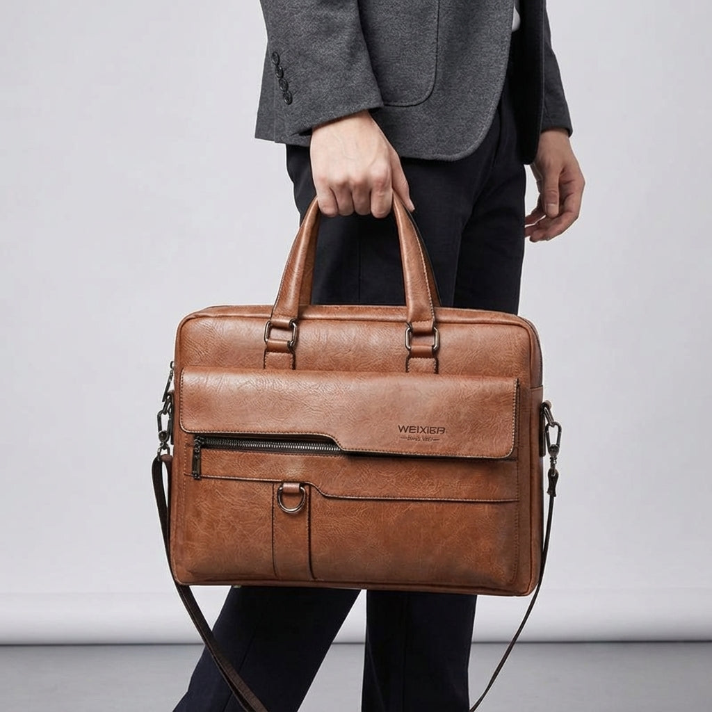 De MetroBrief PU lederen laptoptas in donkerbruin, een veelzijdige reistas en aktetas voor werk en dagelijks gebruik.