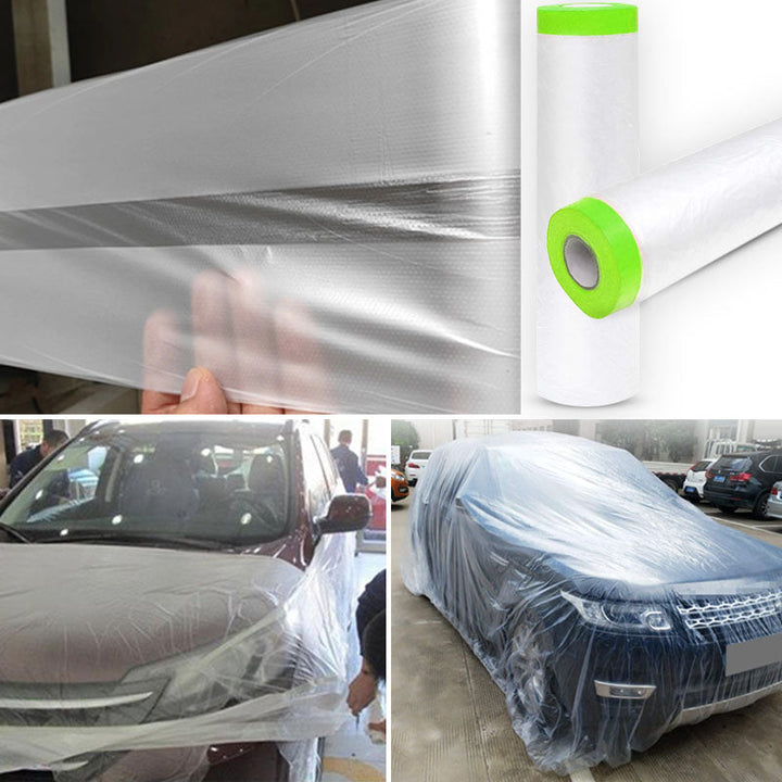 Schildersfolie met afplaktape, uitgerold voor brede dekking. Beschermt vloeren en meubels snel.