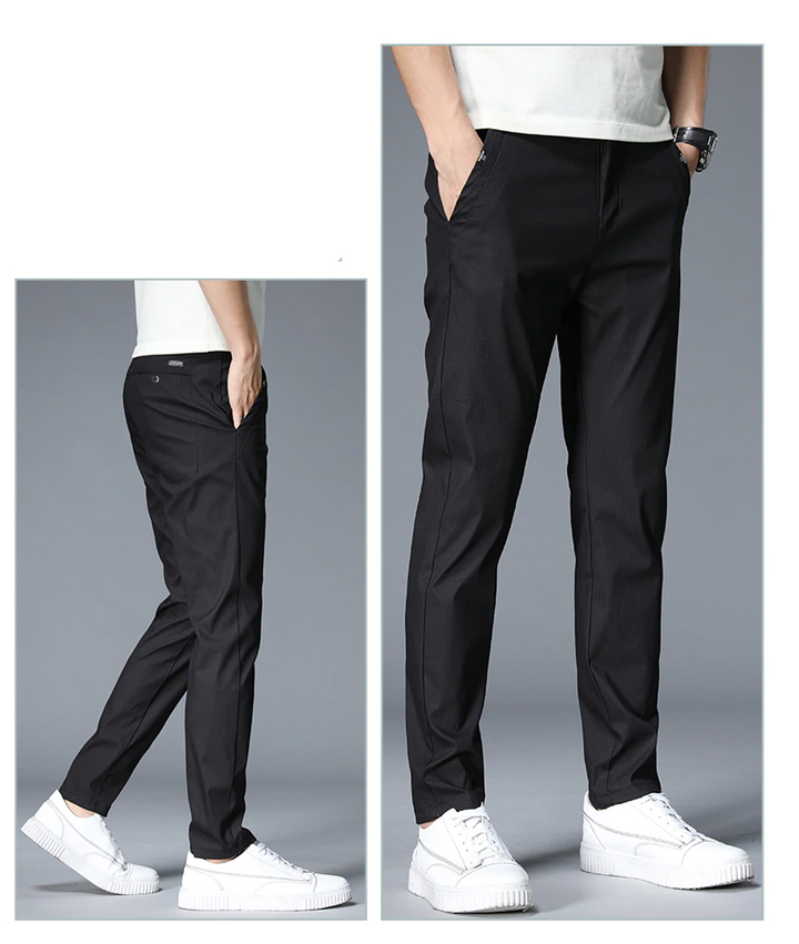 Flexibele heren stretch broek in grijs, essentieel voor comfort en veelzijdige dagelijkse kleding.