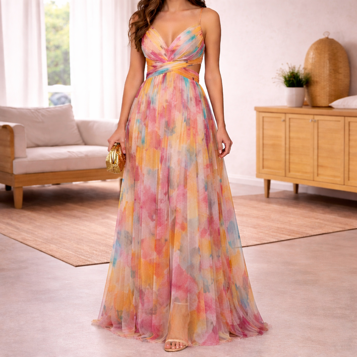 Elegante oranje mesh maxi-jurk voor dames met V-hals, perfect voor zomerse feesten.