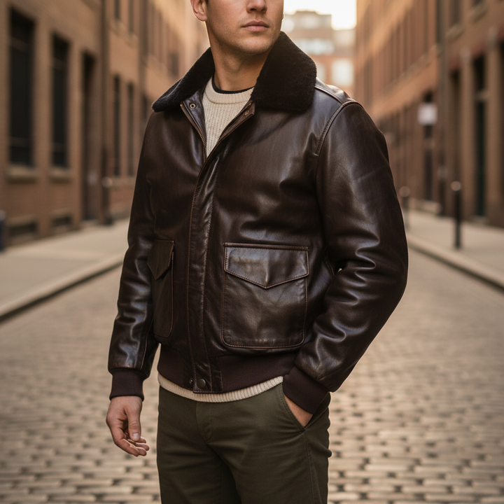 Heren vliegerjack 'Marshall' met klassieke kraag, ideaal voor tijdloze stijl en comfortabele herenmode.
