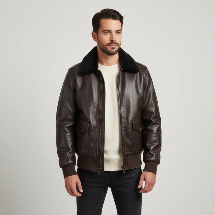 Klassiek heren pilotenjack met kraag, duurzaam en stijlvol. Perfecte retro bovenkleding voor een casual look.