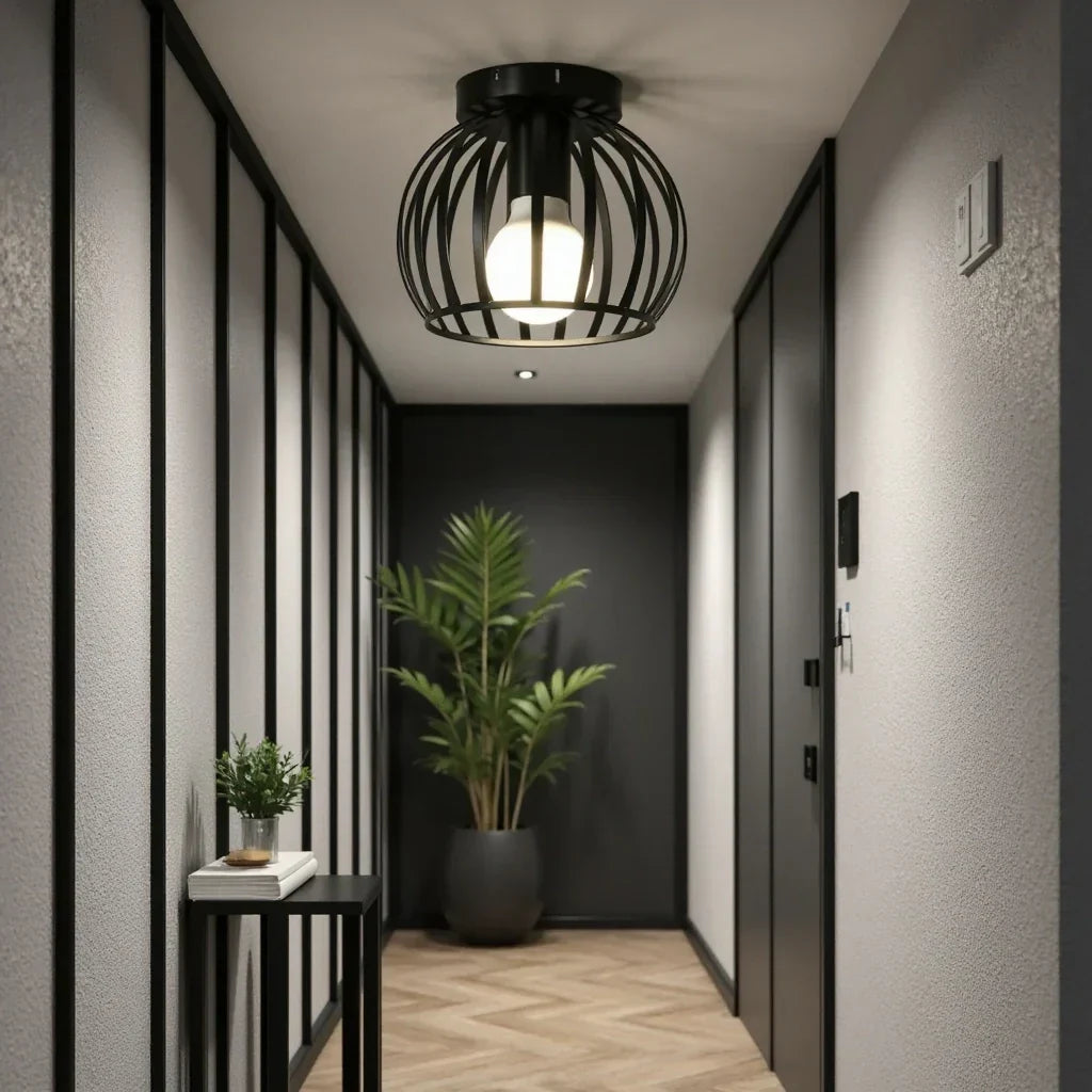 Zwarte industriële lamp, creëert warme sfeer met sfeervolle verlichting.