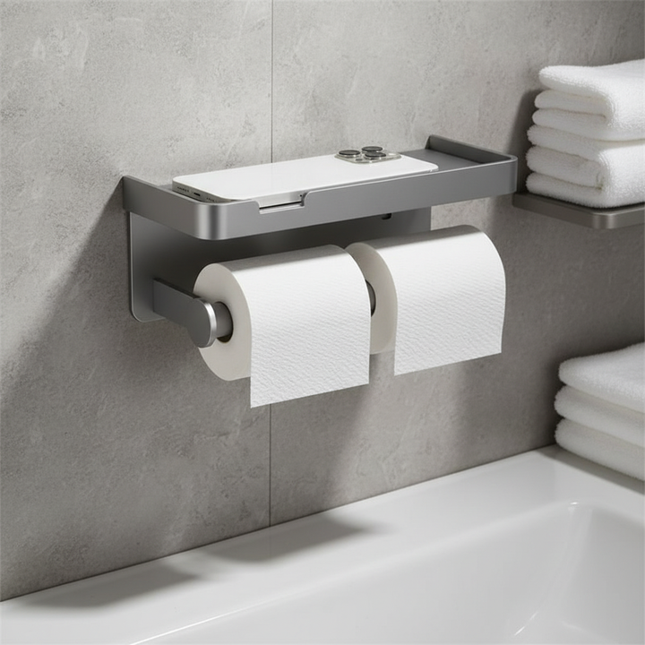 Ruimtebesparende toiletpapierhouder met handig opbergvak, ideaal voor moderne badkamers. Wandmontage van aluminium.