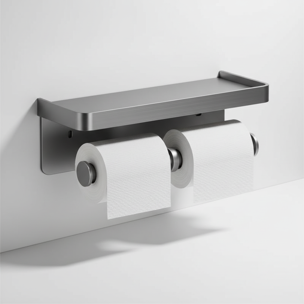 Moderne aluminium toiletpapierhouder voor wandmontage, met extra opbergvak voor toiletaccessoires. WC-organisatie.