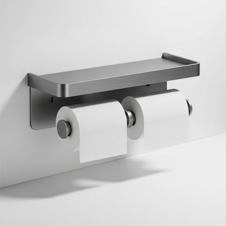 Moderne aluminium toiletpapierhouder voor wandmontage, met extra opbergvak voor toiletaccessoires. WC-organisatie.