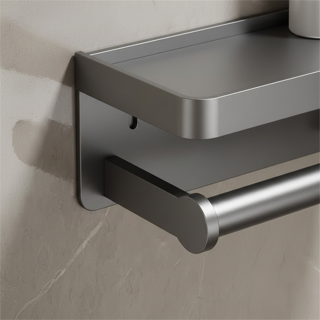 Praktische ruimtebesparende wc-houder van aluminium met geïntegreerd opbergvak. Perfect voor compacte badkamers.