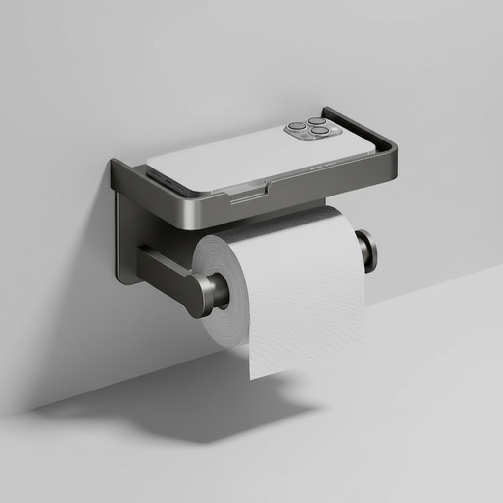 Strakke toiletpapierhouder met opbergvak voor optimale badkamerorganisatie. Modern design van duurzaam aluminium.
