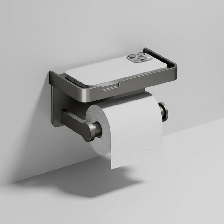 Strakke toiletpapierhouder met opbergvak voor optimale badkamerorganisatie. Modern design van duurzaam aluminium.