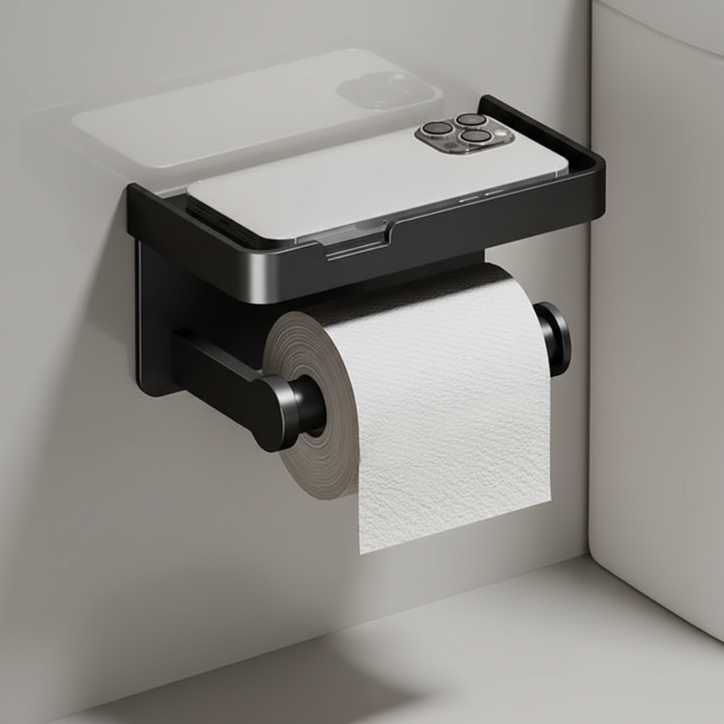 Wc-papierhouder met geïntegreerd opbergvak voor telefoon of accessoires. Aluminium, wandmontage, ruimtebesparend.