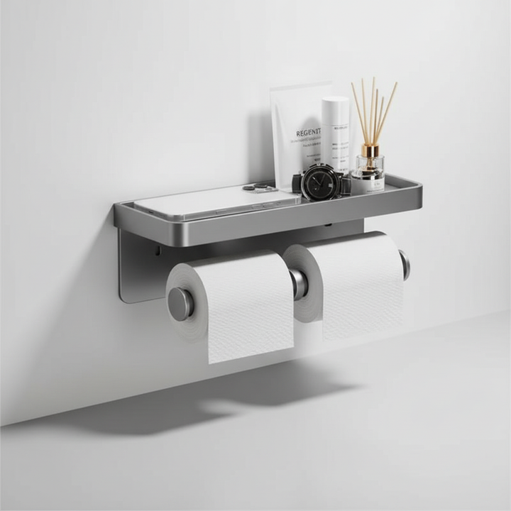 Aluminium toiletrolhouder met opbergvak, creëert orde en ruimte in elke badkamer. Eenvoudige wandmontage.