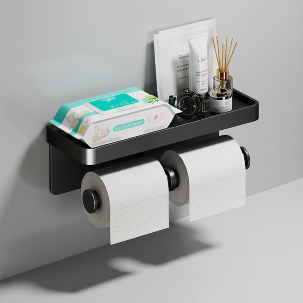Functionele toiletpapierhouder voor meerdere rollen met opbergvak. Modern aluminium design voor uw badkamer.
