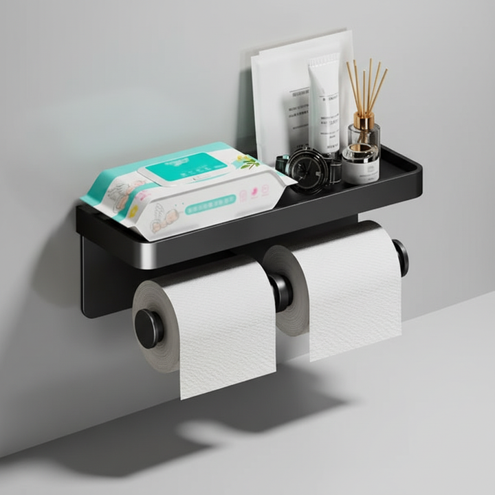 Functionele toiletpapierhouder voor meerdere rollen met opbergvak. Modern aluminium design voor uw badkamer.