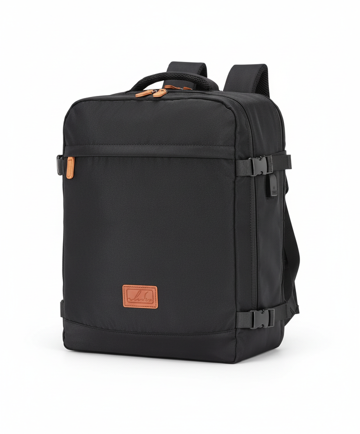 Gedetailleerde weergave van de antidiefstal laptoprugzak met slimme vakken voor al je reisbenodigdheden.
