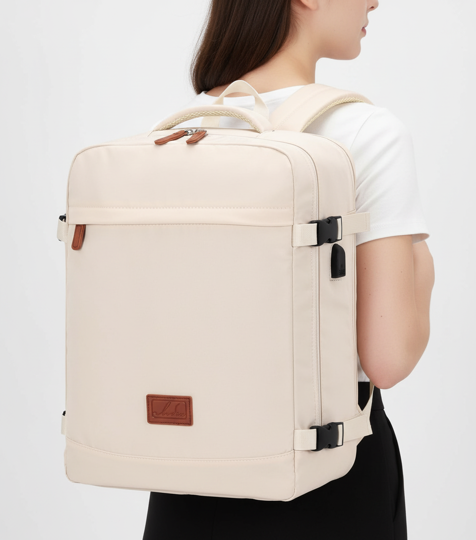 Een persoon draagt de stijlvolle, compacte handbagage rugzak, ideaal voor dagelijks gebruik en weekendtrips.