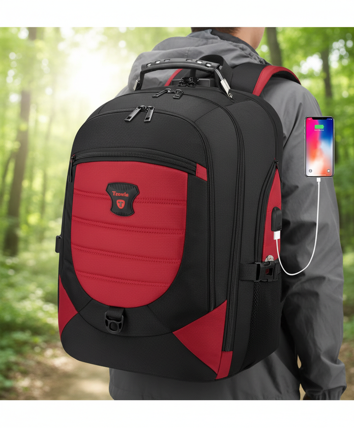 Donkergrijze veilige laptoprugzak TravelTech met USB-poort, ideaal voor reizen, werk en school, comfortabel.