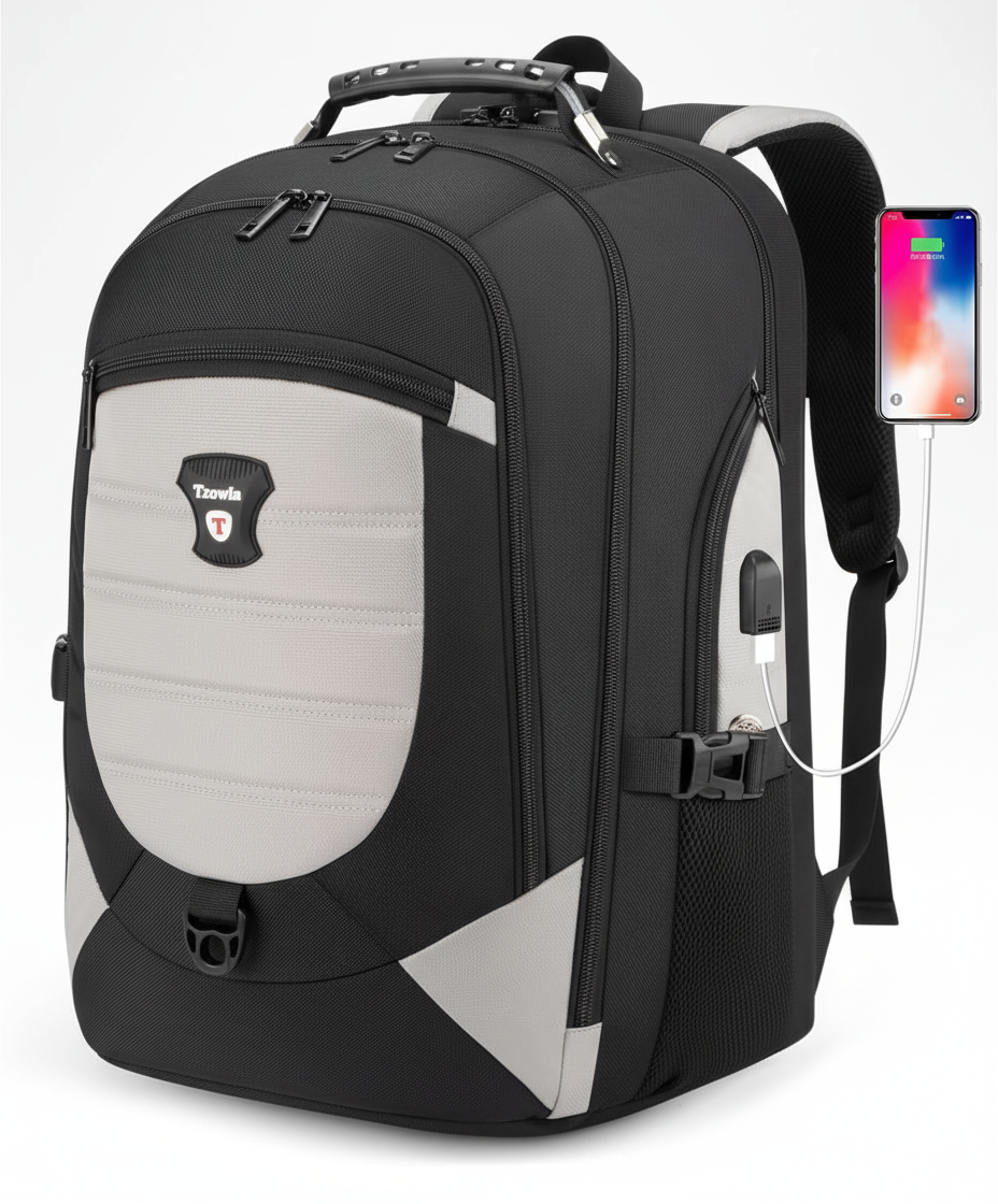 Veilige laptoprugzak TravelTech in donkergrijs, geschikt voor reizen, werk en school, met USB en comfortabele pasvorm.