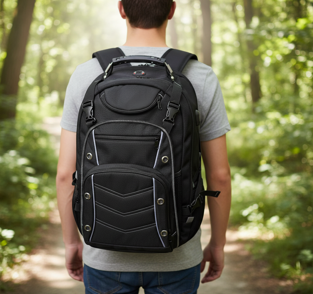 Unisex 55L expeditie rugzak, waterdicht, met USB oplaadpoort en RFID bescherming voor veilige reizen.