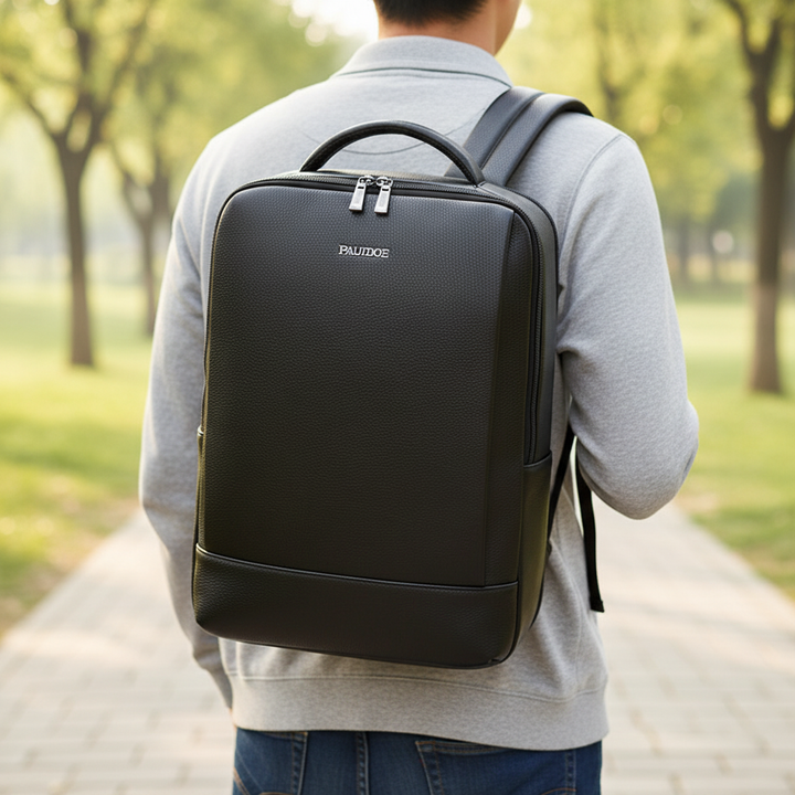 Zwarte leren unisex rugzak LeatherMax met ruime opbergruimte voor laptop en documenten, ideaal voor werk of school.