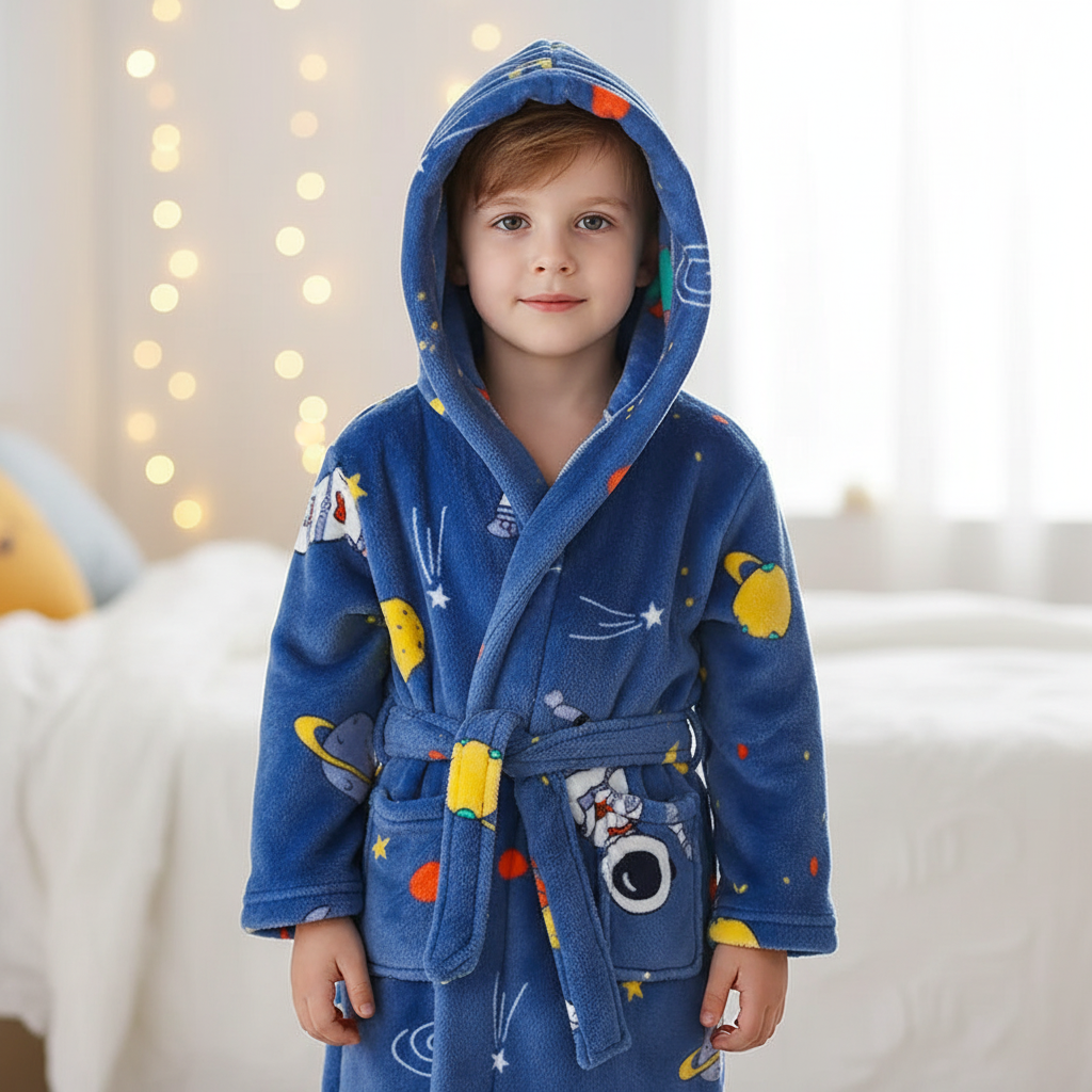 Zachte, knuffelwarme kindermorgenjas met capuchon voor optimaal thuiscomfort, perfect voor jongens en meisjes. [[lstfy-media:1]]
