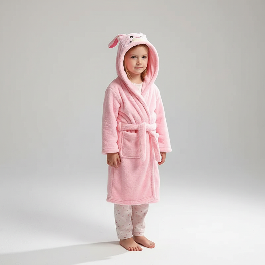 Zachte kindermorgenjas met capuchon, een ideaal kindercadeau. Knuffelzacht pluche voor warmte en comfort thuis. [[lstfy-media:8]]