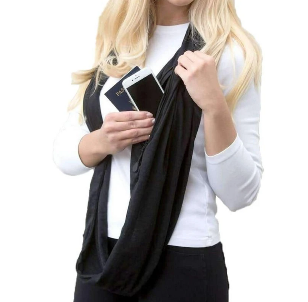Stijlvolle dames wintersjaal met slimme verborgen ritszak voor telefoon en paspoort.