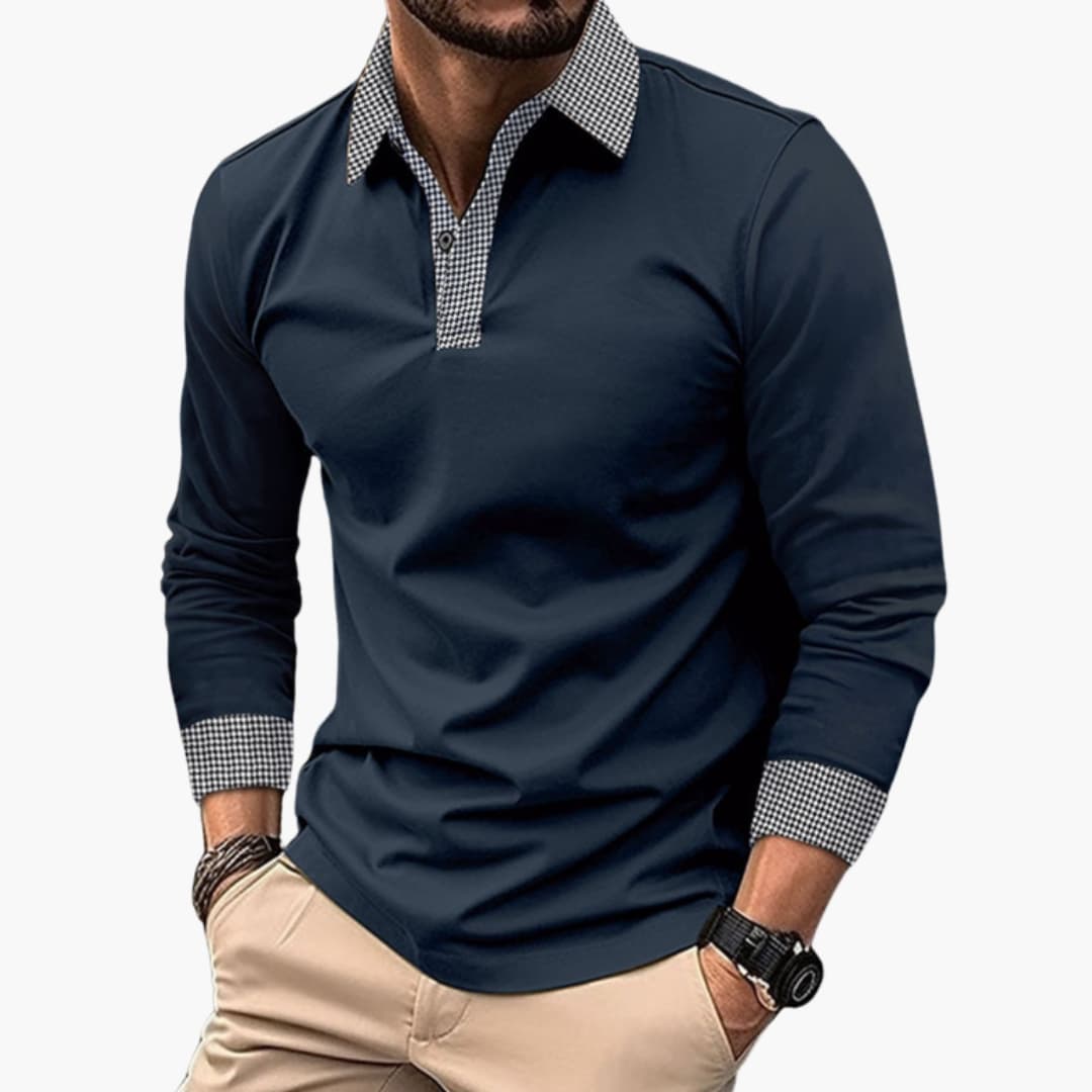 Modieuze heren polo met lange mouwen. Deze stijlvolle polo met unieke contrastkraag is comfortabel en veelzijdig.