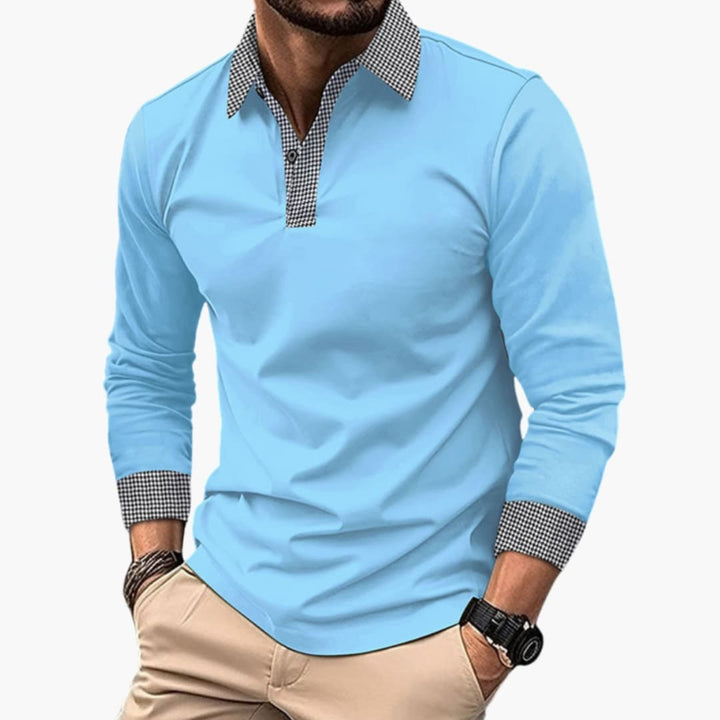 Stijlvolle heren polo met lange mouwen en elegante contrastkraag, een essentieel kledingstuk voor herfst en winter.