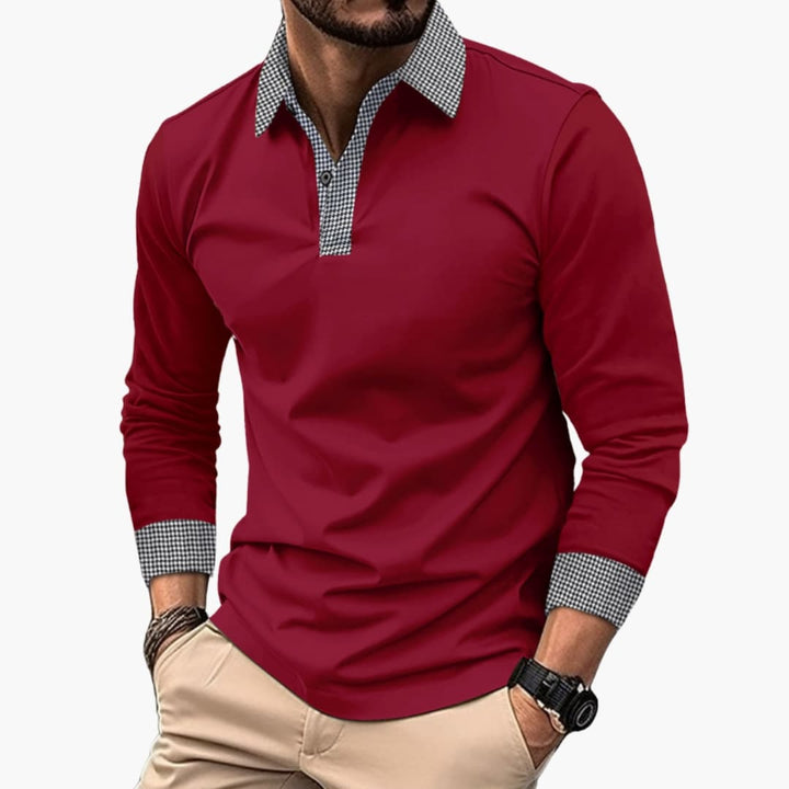 Heren longsleeve polo met opvallende contrastkraag, combineert comfort met een modieuze en stijlvolle uitstraling.